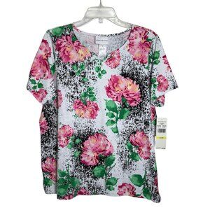 Alfred Dunner Floral Bling Neckline Short Sleeve Top Size Medium NWT Grannycore